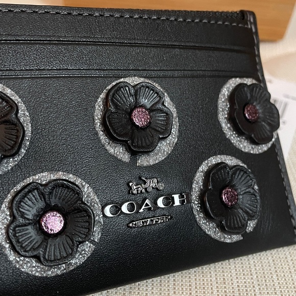 Coach Mini Skinny Id Case With Floral Applique Gunmetal/Black NWT - Picture 2 of 15